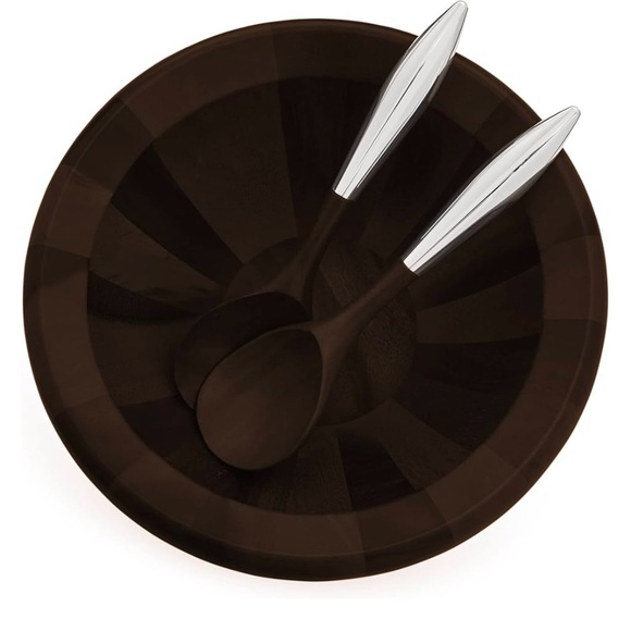 NIB Nambe Yaro Acacia Wood Salad Bowl with 2 Salad Servers in Dark Espresso